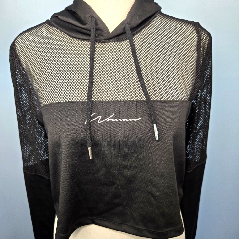 Boohoo Fit Womens Mesh Panel Crop Hoodie‎ Size 6 Black Long Sleeve